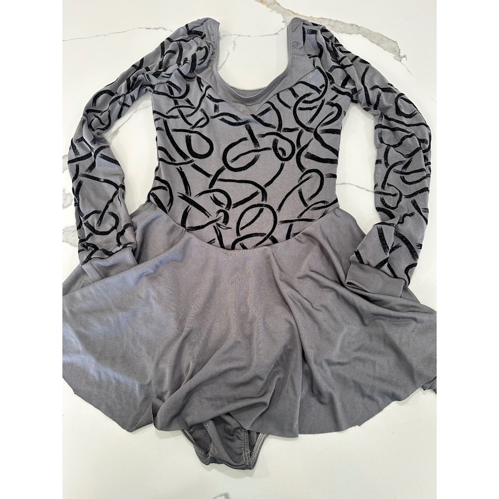 Gray Long Sleeve Figure Skating Dance Dress Black Glitter Swirl Size Adult Med